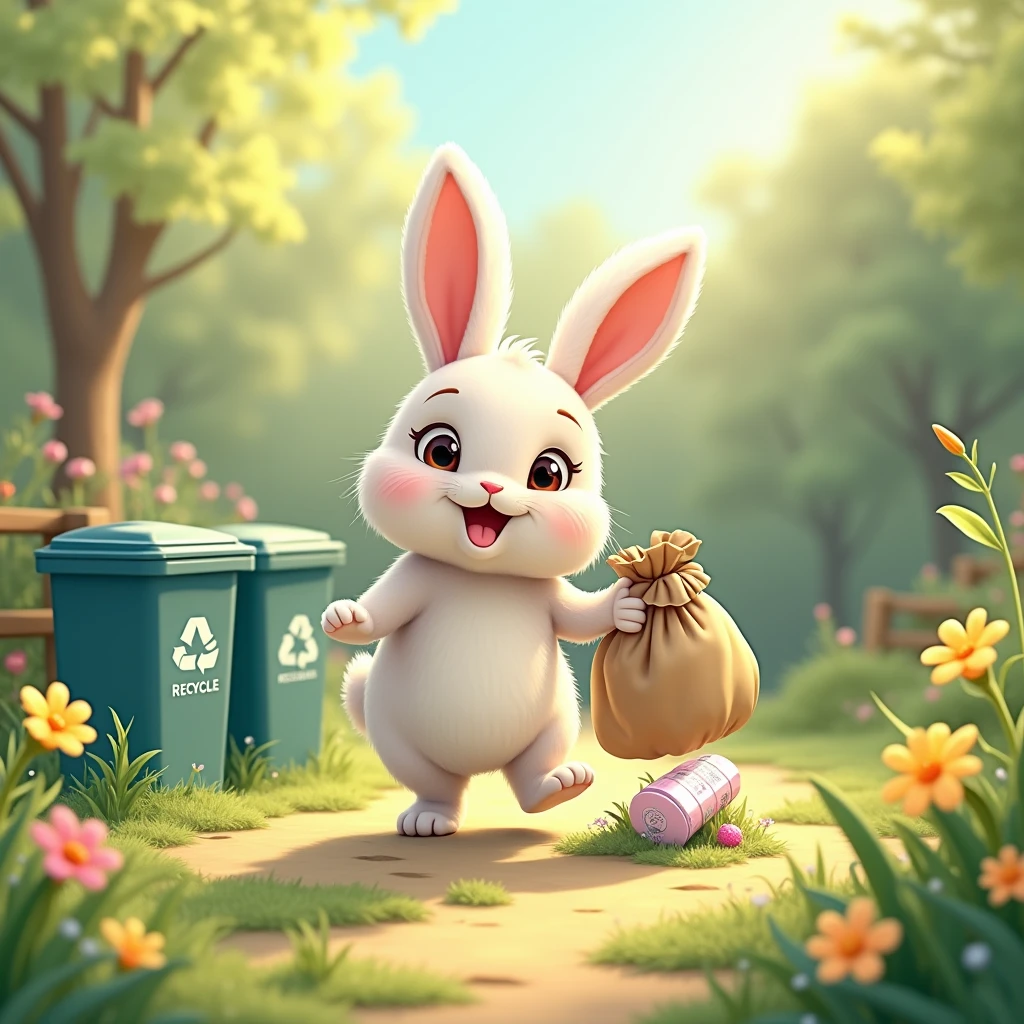 A cute bunny is holding a bag of trash to throw in the trash can in a lush spring garden, in which three bins are sorted for recycling, organic waste and other waste