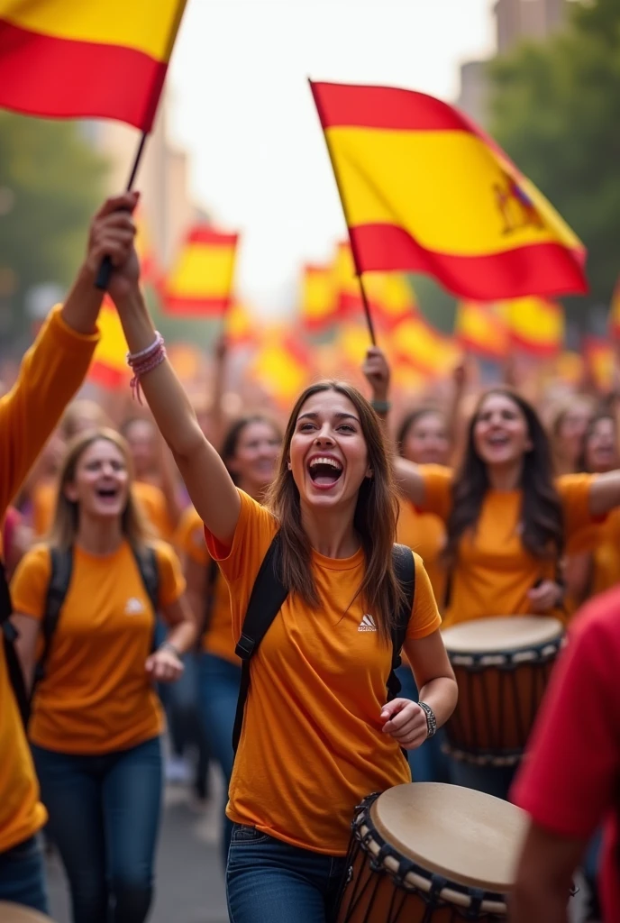 Happy and screaming people with Spanish flag and drums in their hands.