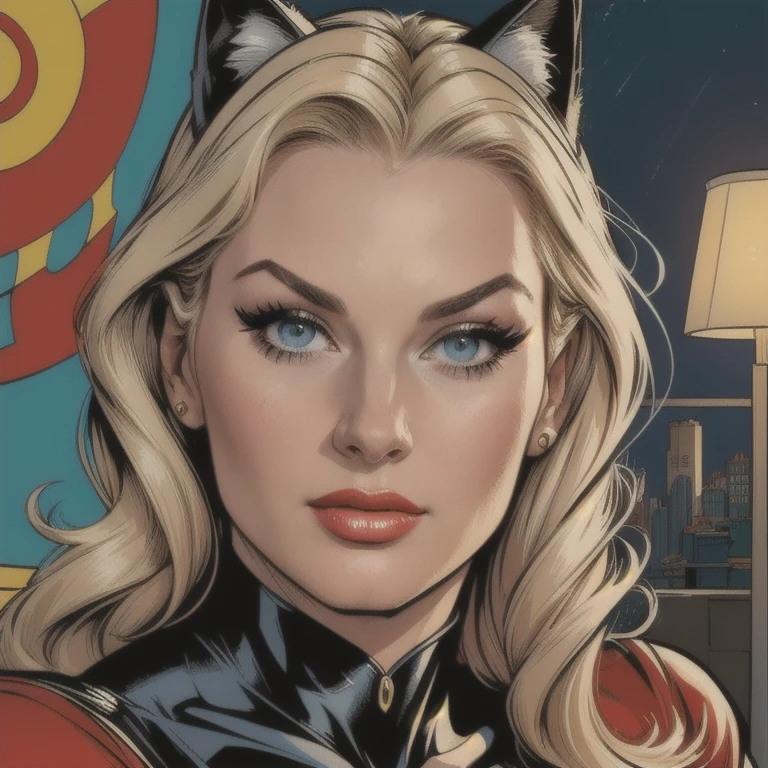 blonde woman, woman with cat ears, woman with cat costume, Julie Newmar, Batman and Robin TV series, 1966 camp, detailed realistic face, beautiful detailed eyes, beautiful detailed lips, extremely detailed eyes and face, long eyelashes, tight catsuit, high heels, seductive pose, dramatic lighting, cinematic, photorealistic, 8k, (best quality,4k,8k,highres,masterpiece:1.2),ultra-detailed,(realistic,photorealistic,photo-realistic:1.37),HDR,UHD,studio lighting,ultra-fine painting,sharp focus,physically-based rendering,extreme detail description,professional,vivid colors,bokeh,Full body closeup image 60's pinup style