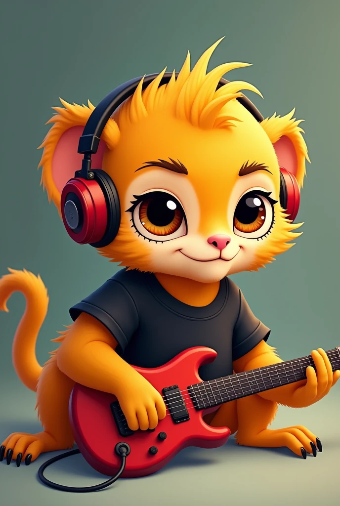 Golden lion tamarin in cartoon form, lying down, with head bowed, colored with shades of yellow and orange and using headphones. serious face, with an arched eyebrow, wearing a black short sleeve t-shirt and holding up a red guitar.