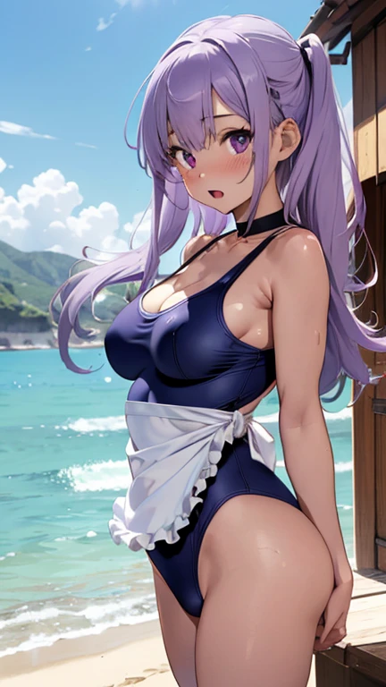 mastute piece,Best Quality,insanely detailed,8k cg,nsfw,
(shoot upper body:1.3),
(1girls:1.3),standing,looking at viewr,body in front,((both arms behind back:1.4)),(white waist apron:1.4,navy blue school swimsuit,waitress:1.2),Waist Apron:1.4,BREAK,
blush,shy,(ecstasy face),(trembling:1.2),BREAK,(light purple hair:1.2),
BREAK,
perfect breasts,perfect teats,(open mouth:0.9),(large breasts:1.2),
(beach house:1.1),restaurant,