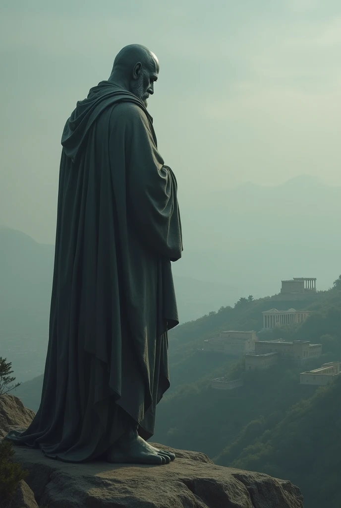 Statue of a Stoic philosopher standing on a hill looking over Greek with a dark aesthetics