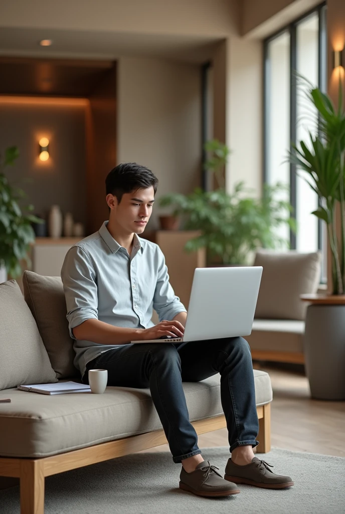Create a young-looking man working on a laptop in a relaxed hotel lobby as realistically as possible.