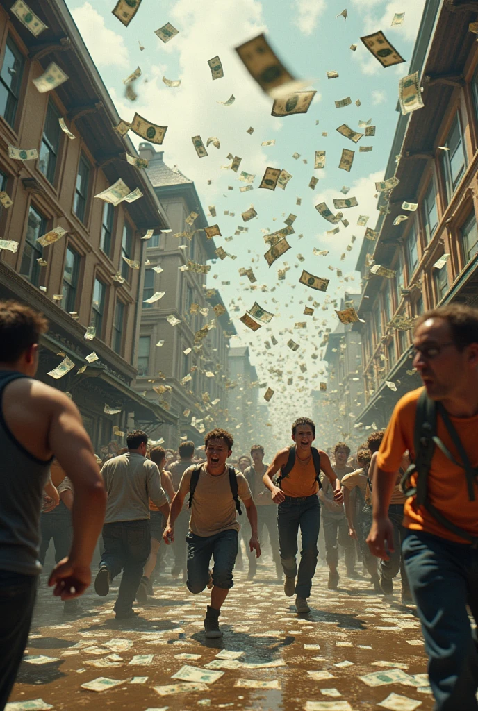 Background of falling paper money and the whole town becomes like hysteria