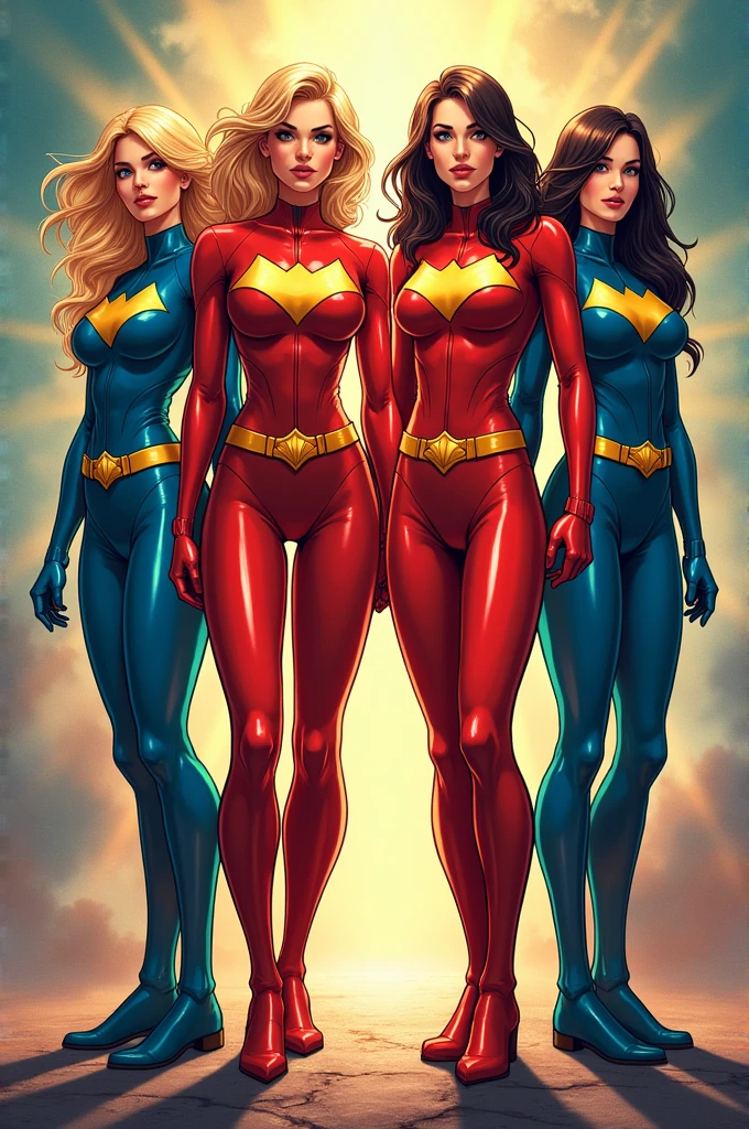 Create an image of 4 female superhero quadruplets with similar clothes but different colors in comic book style