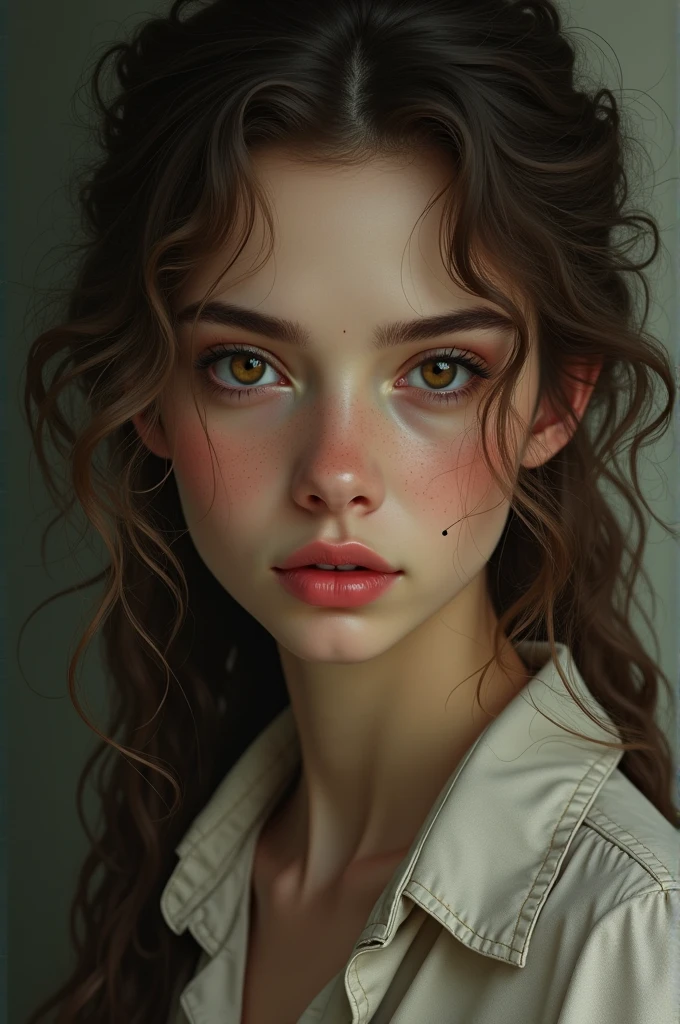 A tall white girl with light brown curly hair, brown eyes with freckles, medium-large lips, a cold but affectionate figure