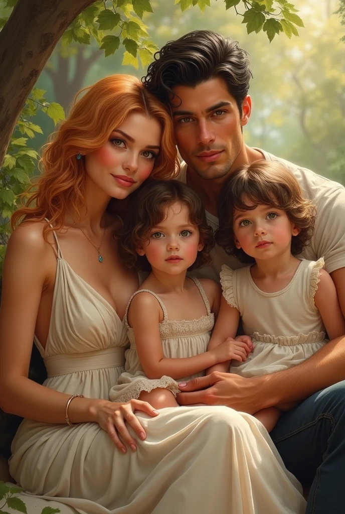 (best qualityer)), ((work of art)), (detailded), a woman with strawberry blonde hair and amber eyes wearing a beautiful, elegant and comfortable dress with her son with green eyes and strawberry blonde hair and her daughter a boy with short wavy black hair and an extremely handsome man with a defined tanned body, green eyes, short wavy black hair with a  on his lap, beautiful baby girl just like her father (three children )with big strawberry blonde hair and green eyes on the side 