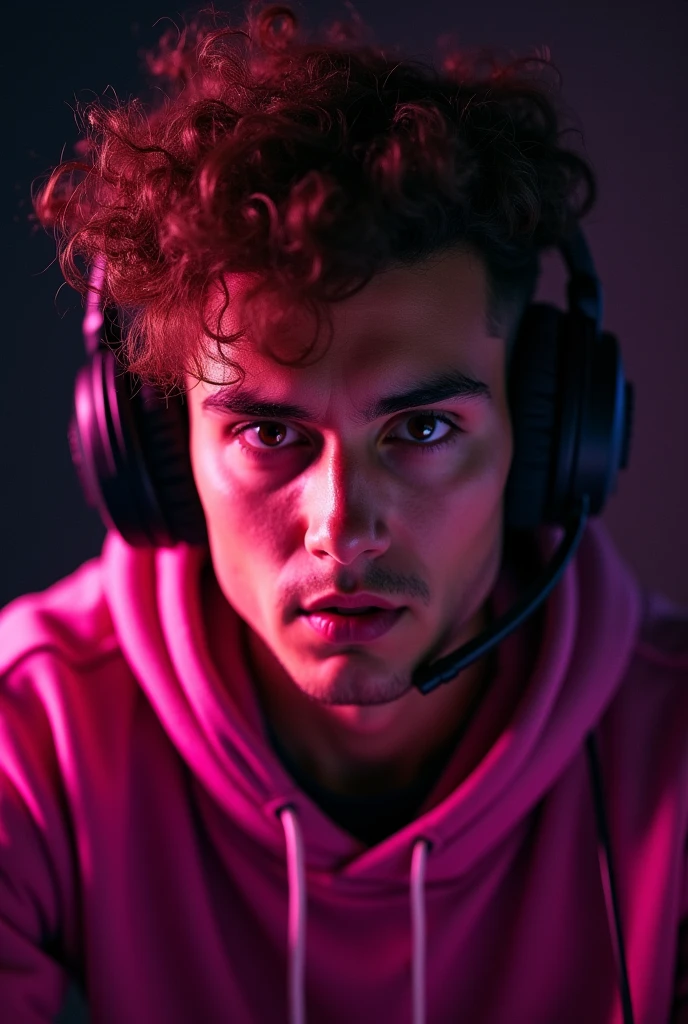 Gamer, brown hair color, big hair, brown eyes, black headset, black backdrop, present colors pink 