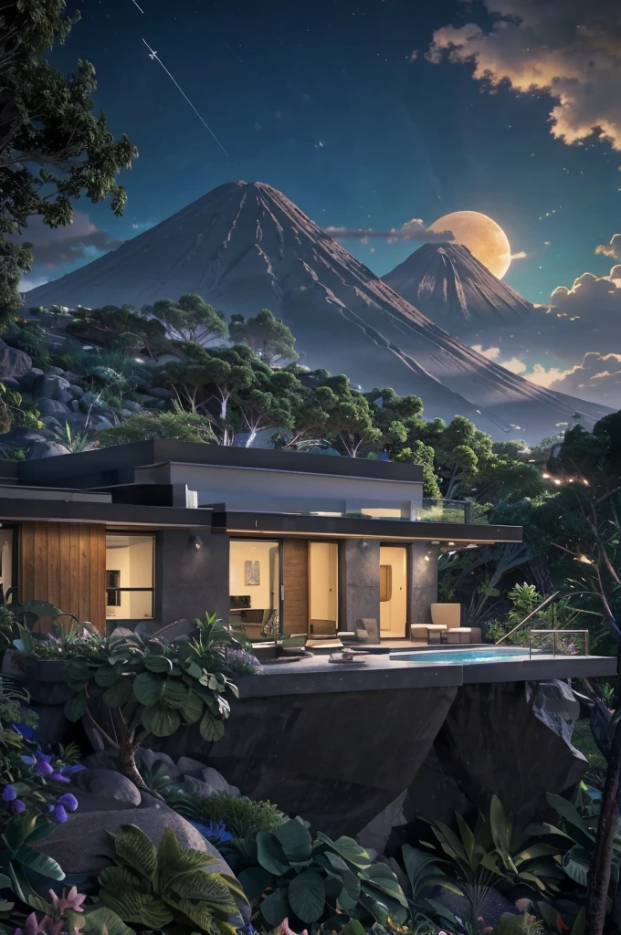 small and beautiful modern house in top of big boulders, terraces, pool, stairs, multiple cacti gardens, palms, trees, rocks, beautiful landscape design, mountains and volcano y background, amazing clouds, sun, moon, planets, milky way galaxy, concrete, wood, glass and steel materials, olive green, violet, orange and withe colors in facade