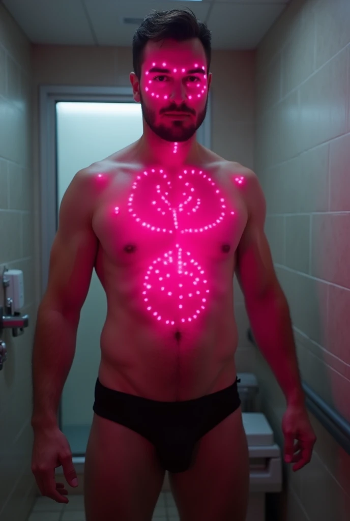 Flashing boobs in the office bathroom, big nipples, pink nipples, covering his face, illuminated , NSFW