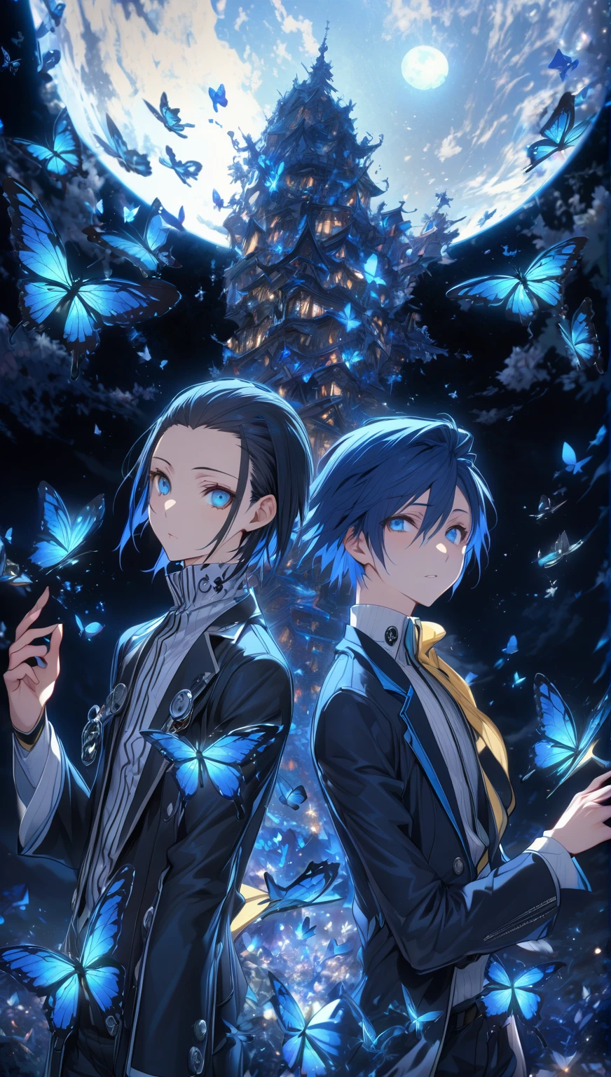 absurdres, highres, ultra detailed, HDR, masterpiece, extremely detailed face and eyes, perfect face, Mochizuki Ryouji, black hair, hair slicked back, expressive blue eyes, Persona 3, Yuki Makoto, dark blue hair, expressive blue eyes, two men together, handsome, white shirt, yellow scarf, black jacket, blue moon, blue butterflies, magical, fantasy, glittering, blue dust