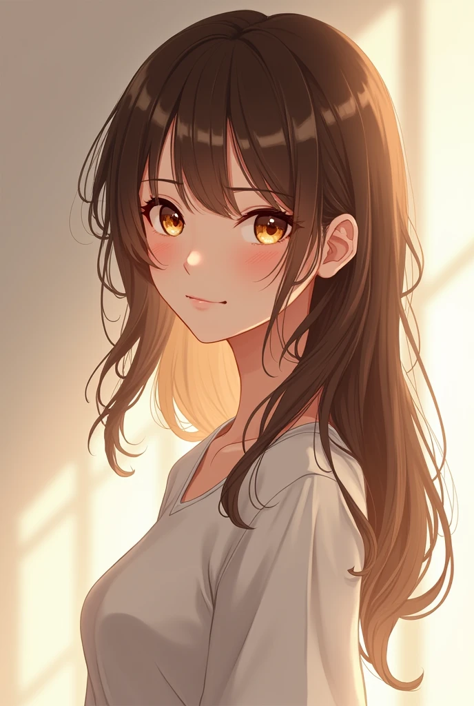 (anime:1.2), Pretty girl standing in casual clothes, with medium long brown hair and honey colored eyes
