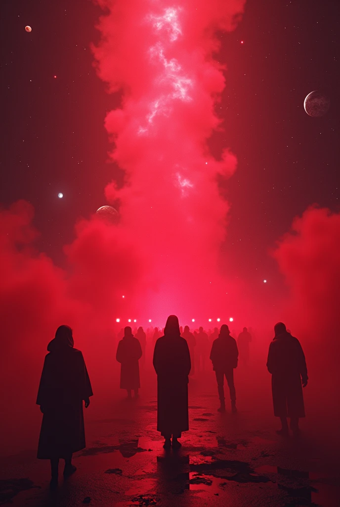 A party communication for a club for techno music 
We need a dark and shadow atmosphere with planets in the background and some red smoke.
Less realistic and more in a retro way