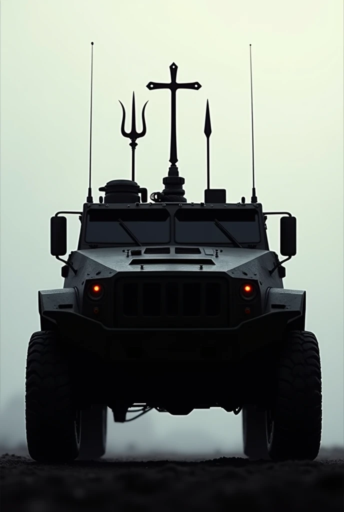 Frontview of sillhoutte Assault Amphibious Vehicle with cross trident and spear at the back