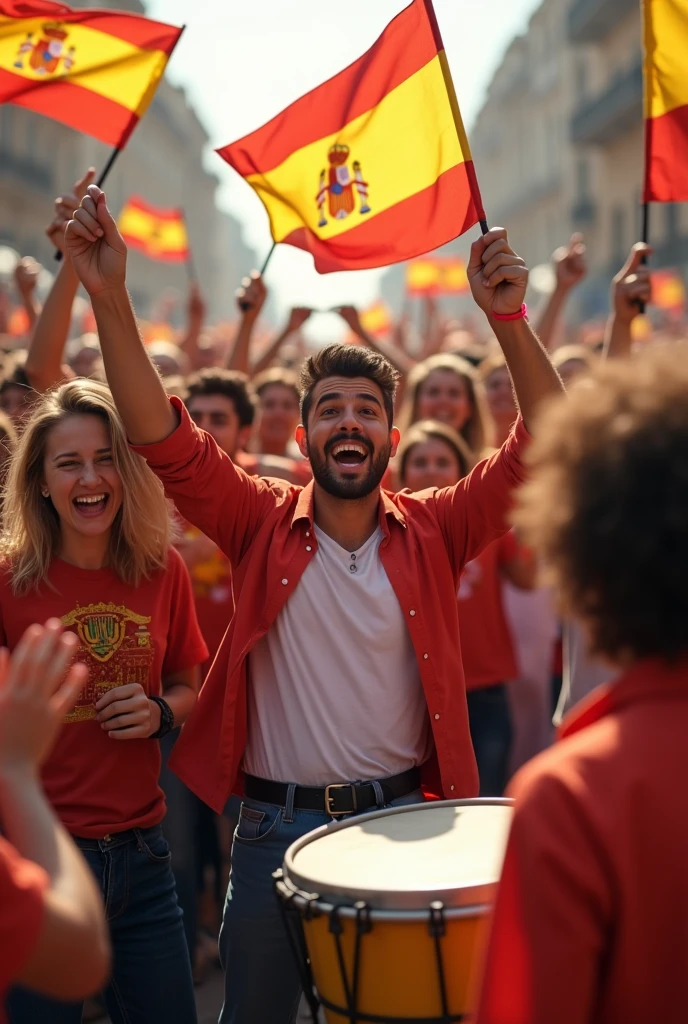 Many happy and shouting people with the Spanish flag and drums in their hands.
