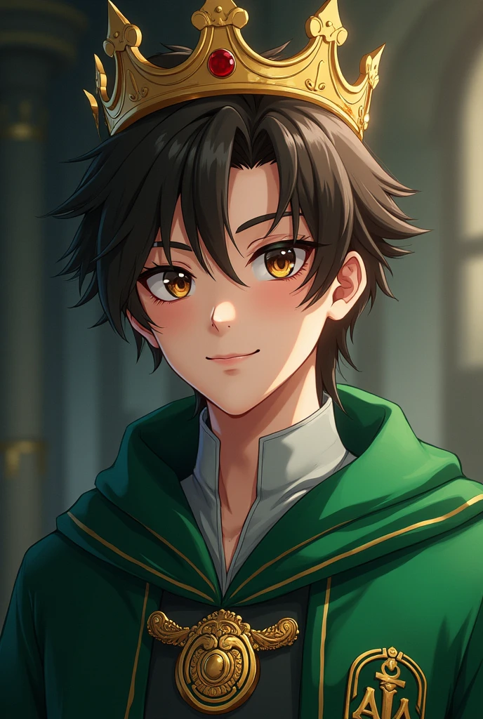 One with brown eyes and brown hair, with a gold crown, A little blood trickles from his head as he smiles, in Slytherin clothes in anime mode