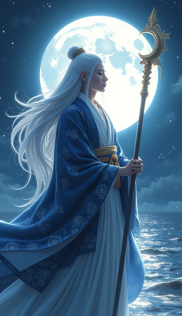 **Prompt:** Create an ultra-realistic 8K resolution image of Tsukuyomi, the Japanese moon god from Shinto mythology. Tsukuyomi is depicted as a majestic and serene figure, embodying the tranquil beauty and mystique of the moon. He has long, flowing silver hair that cascades down his back, shimmering like moonlight. His eyes are a deep, glowing silver, reflecting the calm and ethereal nature of the night. His expression is serene, yet holds a hint of aloofness, as he gazes towards the heavens.
He is dressed in an intricately designed traditional Japanese robe, adorned with patterns of the moon and stars, in shades of deep blue, silver, and white. The robe flows around him like a gentle breeze, giving the impression of floating in a celestial realm. Tsukuyomi holds a delicate, ornate staff, topped with a crescent moon, symbolizing his dominion over the night.
The background features a stunning full moon illuminating a serene, night-time landscape with gentle waves reflecting the moonlight. The scene is serene and otherworldly, capturing the divine and timeless essence of Tsukuyomi as the revered moon god.