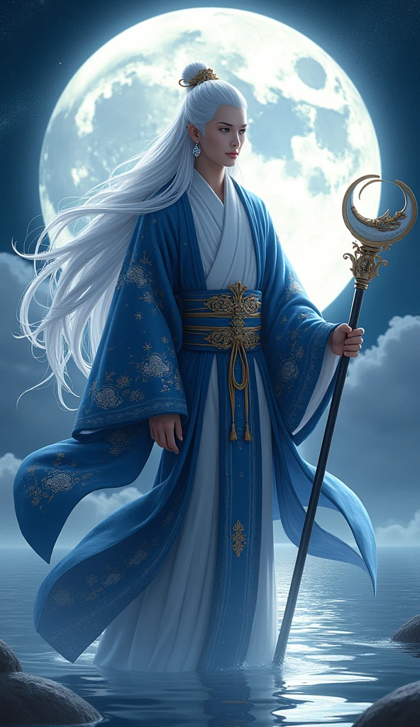 **Prompt:** Create an ultra-realistic 8K resolution image of Tsukuyomi, the Japanese moon god from Shinto mythology. Tsukuyomi is depicted as a majestic and serene figure, embodying the tranquil beauty and mystique of the moon. He has long, flowing silver hair that cascades down his back, shimmering like moonlight. His eyes are a deep, glowing silver, reflecting the calm and ethereal nature of the night. His expression is serene, yet holds a hint of aloofness, as he gazes towards the heavens.
He is dressed in an intricately designed traditional Japanese robe, adorned with patterns of the moon and stars, in shades of deep blue, silver, and white. The robe flows around him like a gentle breeze, giving the impression of floating in a celestial realm. Tsukuyomi holds a delicate, ornate staff, topped with a crescent moon, symbolizing his dominion over the night.
The background features a stunning full moon illuminating a serene, night-time landscape with gentle waves reflecting the moonlight. The scene is serene and otherworldly, capturing the divine and timeless essence of Tsukuyomi as the revered moon god.