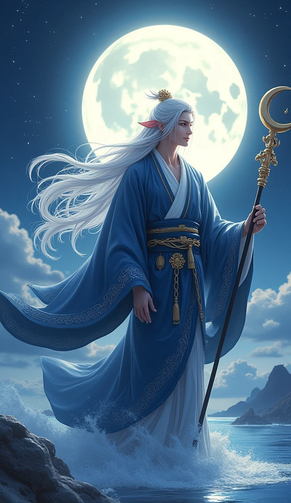 **Prompt:** Create an ultra-realistic 8K resolution image of Tsukuyomi, the Japanese moon god from Shinto mythology. Tsukuyomi is depicted as a majestic and serene figure, embodying the tranquil beauty and mystique of the moon. He has long, flowing silver hair that cascades down his back, shimmering like moonlight. His eyes are a deep, glowing silver, reflecting the calm and ethereal nature of the night. His expression is serene, yet holds a hint of aloofness, as he gazes towards the heavens.

He is dressed in an intricately designed traditional Japanese robe, adorned with patterns of the moon and stars, in shades of deep blue, silver, and white. The robe flows around him like a gentle breeze, giving the impression of floating in a celestial realm. Tsukuyomi holds a delicate, ornate staff, topped with a crescent moon, symbolizing his dominion over the night.

The background features a stunning full moon illuminating a serene, night-time landscape with gentle waves reflecting the moonlight. The scene is serene and otherworldly, capturing the divine and timeless essence of Tsukuyomi as the revered moon god.