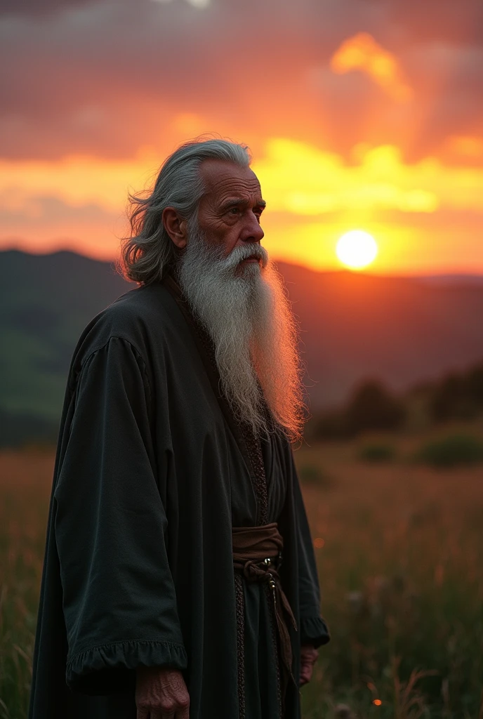 The old man with a long beard stands alone in nature watching the sunset