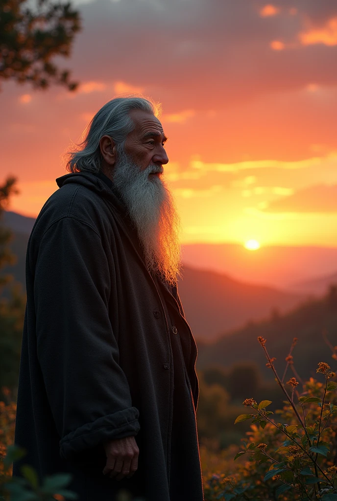 The old man with a long beard stands alone in nature watching the sunset