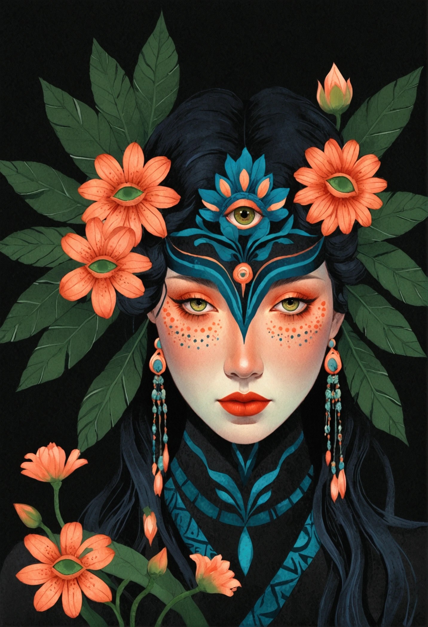 painting of a woman with a flower bouquet in her hair, art deco flower shaman, flowers covering eyes, dark flower shaman, flower shaman, digital art illustration, surreal waiizi flowers, 中 国 鬼 节, intricate artwork. neon eyes, 中 元 节, digital illustration, jen bartel, procreate illustration