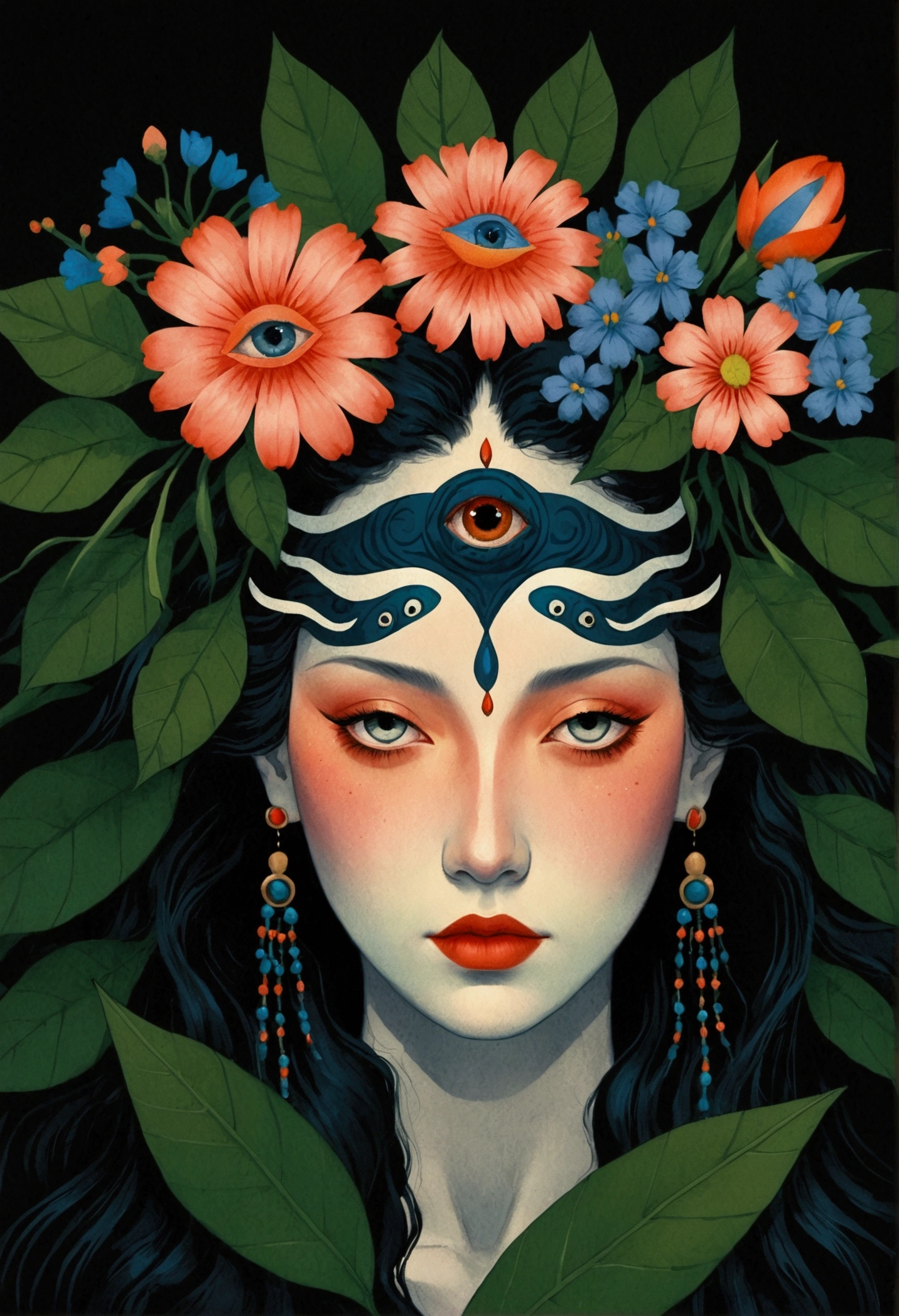 painting of a woman with a flower bouquet in her hair, art deco flower shaman, flowers covering eyes, dark flower shaman, flower shaman, digital art illustration, surreal waiizi flowers, 中 国 鬼 节, intricate artwork. neon eyes, 中 元 节, digital illustration, jen bartel, procreate illustration