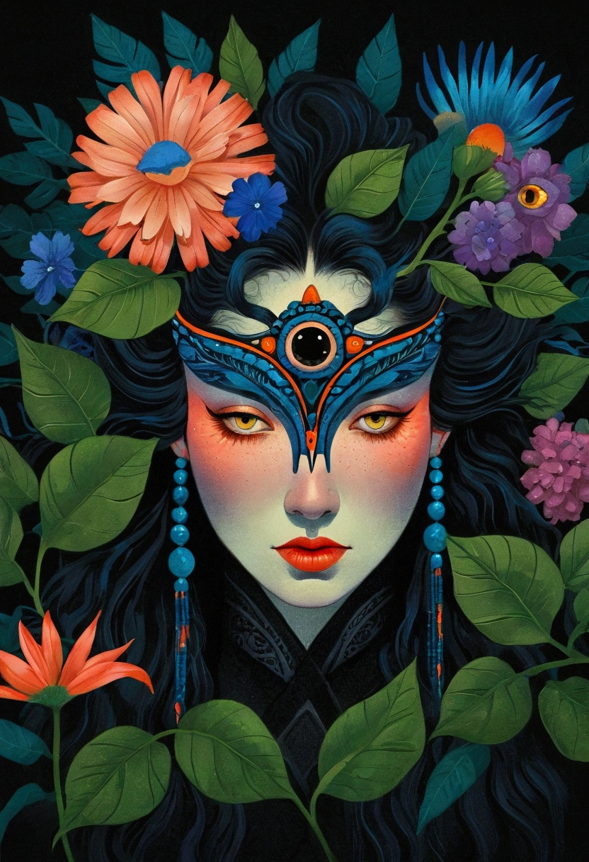 painting of a woman with a flower bouquet in her hair, art deco flower shaman, flowers covering eyes, dark flower shaman, flower shaman, digital art illustration, surreal waiizi flowers, 中 国 鬼 节, intricate artwork. neon eyes, 中 元 节, digital illustration, jen bartel, procreate illustration