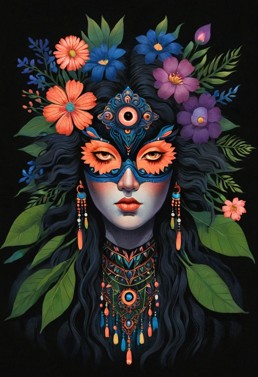 painting of a woman with a flower bouquet in her hair, art deco flower shaman, flowers covering eyes, dark flower shaman, flower shaman, digital art illustration, surreal waiizi flowers, 中 国 鬼 节, intricate artwork. neon eyes, 中 元 节, digital illustration, jen bartel, procreate illustration