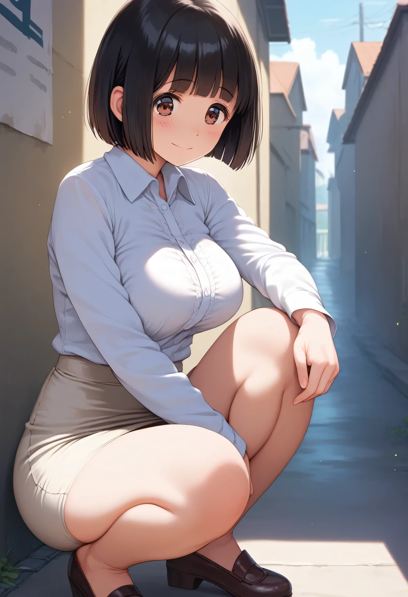 score_9,score_8_up,score_7_up,masterpiece,best quality, source_anime, realistic, super detailed, extreme detailed, rating_explicit, 
1girl, squatting, (knees together), (front shot:1.2),
BREAK 22yo, short hair, bob cut, (blunt bangs), black hair, (tareme, detailed cute brown eyes), curled eyelashes, (large breasts:0.9), 
shiny hair, beautiful detailed eyes, beautiful face, 
white collared shirt, beige pencil skirt, tight mini skirt, white lace panties, pumps,
embarrassed, blush, frown, forced smile,
outdoors, back alley,