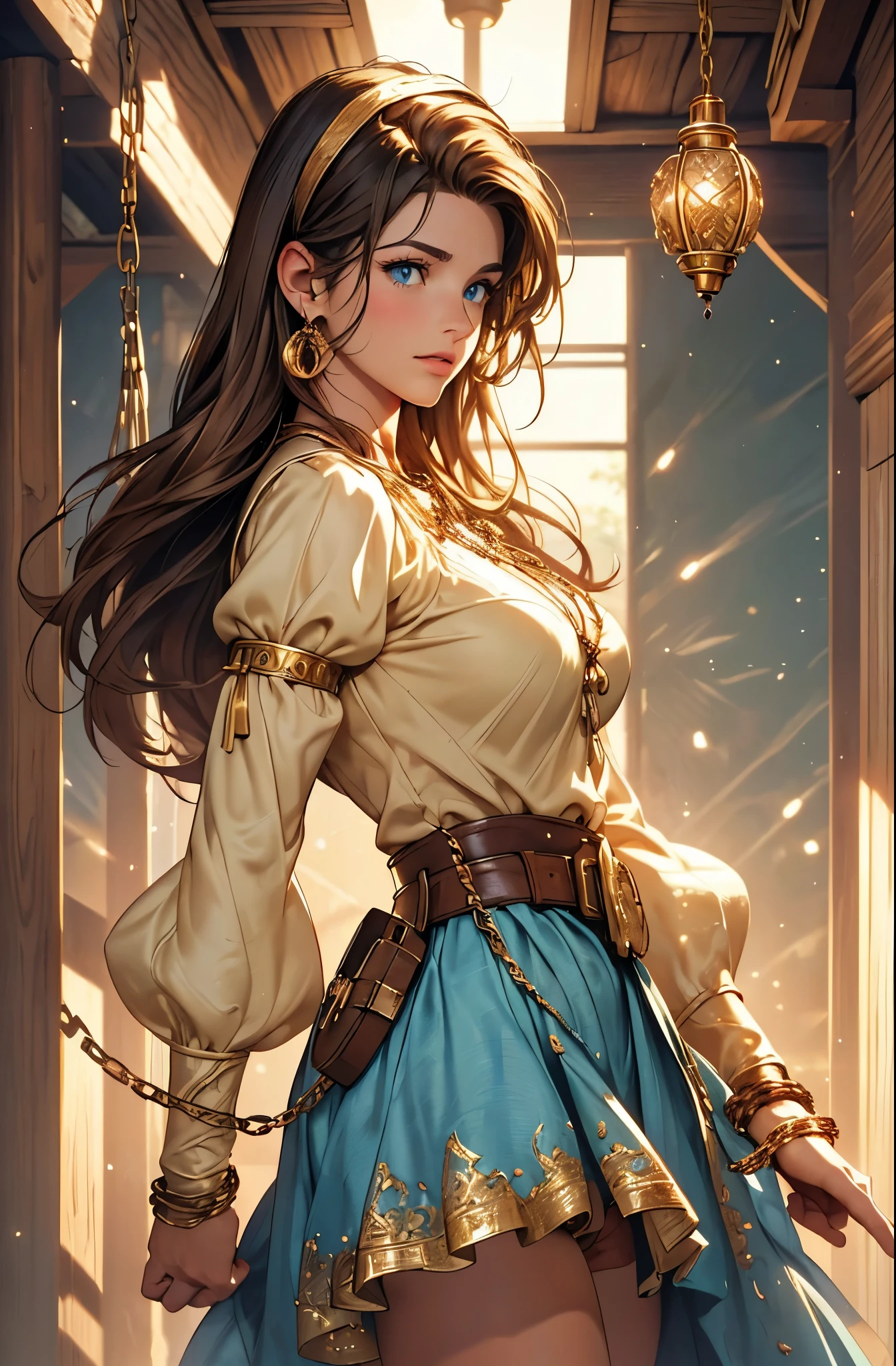 (Cowboy shot), (photo realistic:1.35), masterpiece, best quality, CG, wallpaper, HDR, high quality, high-definition, extremely detailed, 1girl, brown short hair, blue eyes, (highly detailed Caucasian skin:1.2), (Rounded large breasts), break ((retro artstyle)), (Serene and goddess-like), (glowing lightly gold), long sleeves, dress, juliet sleeves, puffy sleeves, belt, hairband, break ((A cell, a vast cell, chained up, hanging from the ceiling)), (standing:1.45), ((hands behind head)), well sunlit, perfect female anatomy, two legs, two feet, two arms, ((half body shot)), (from side)