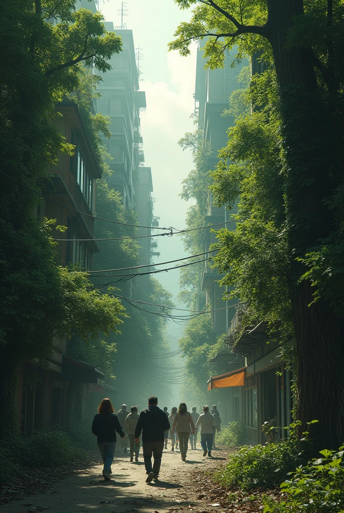 uncontrolled trees and forests, invade the cities, people run away, They are irritated by the pollution generated by humans