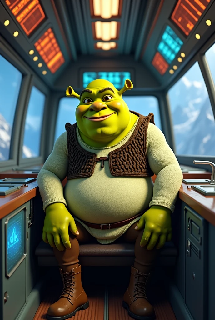 Shrek on a space bus happily going into space but he&#39;s going alone and he stayed still because the bus shook hard