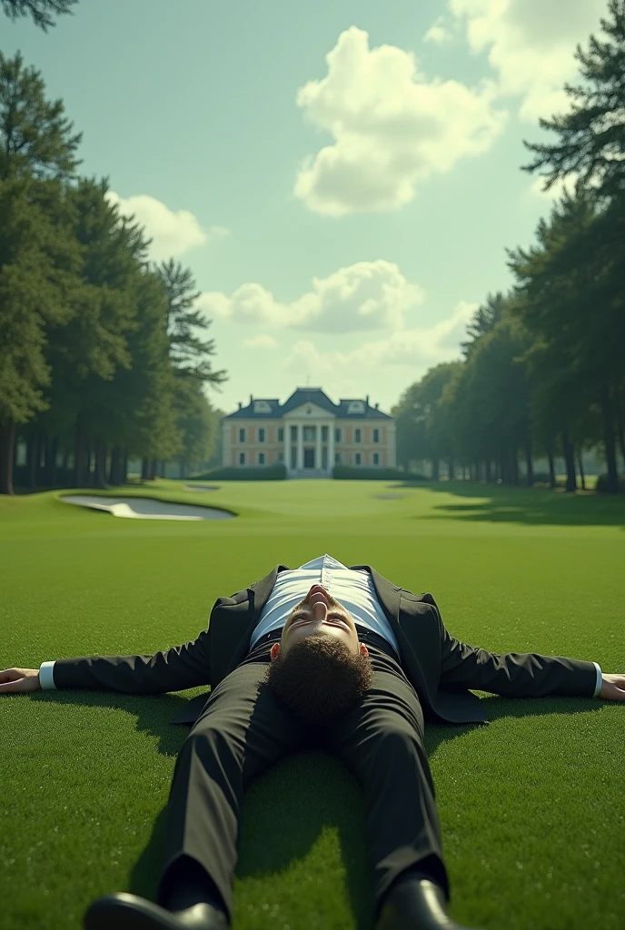 Make a man lying lifeless looking at the sky in the middle of a golf course and behind a mansion