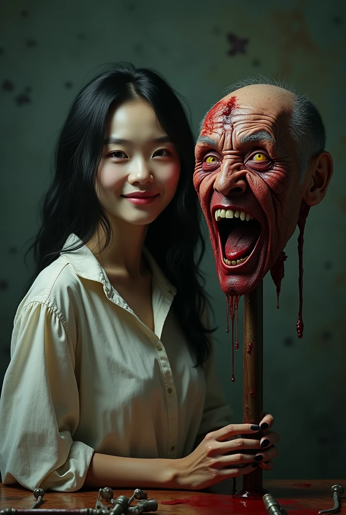 (((photorealistic:1.4))), ultra realistic, pores, (((masterpiece))),high quality, ultra details, realistic white skin beautiful face pretty korean idol girl smilling showing very long sharp black shiny fingernails, yellow slit eyes, smilling, long yellow hair, standing next to realistic ugly old man head stabbed on the post with throat ripped, guts, deep cuts and wound, extreme gore, blood splatter everywhere, torture room, torture device in the table
