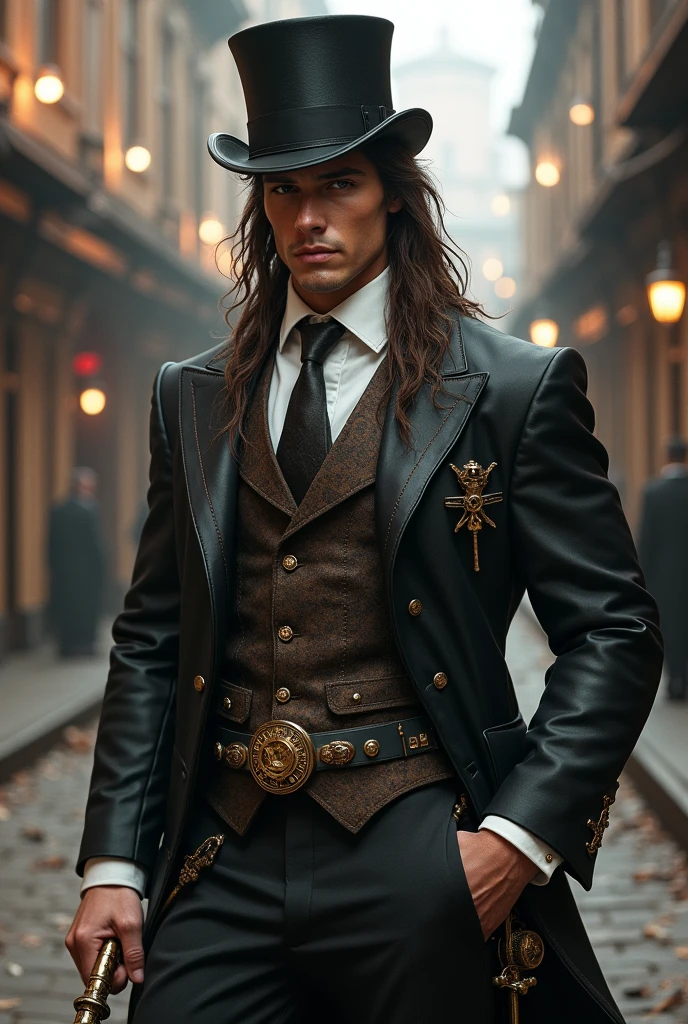 Robust young man with long hair with a pair of braids , with suit and top hat, with cane , with a little Steampunk style