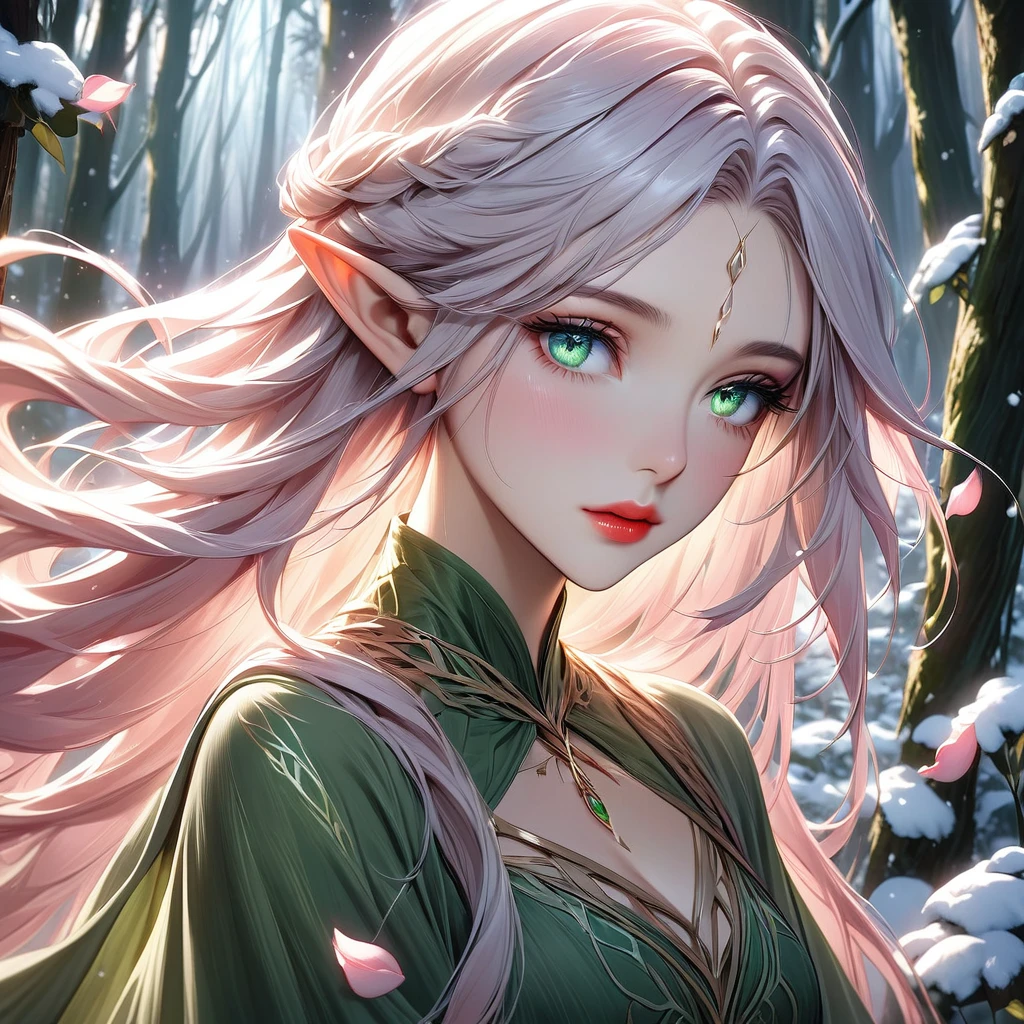 A female elf with ethereal beauty typical of the high elves. Her long, flowing hair is a shade of pink, reminiscent of delicate flower petals. Her large, expressive eyes are a deep green, like the heart of the ancient forest she calls home. Her skin is as white as freshly fallen snow, giving her an almost otherworldly appearance, while her lips are as red as the most vibrant roses. She wears traditional elven clothing, which is thin and light, yet incredibly durable, made from a unique plant found only in the elven forest. The fabric shimmers subtly in the light, appearing almost as if it's woven from moonlight.