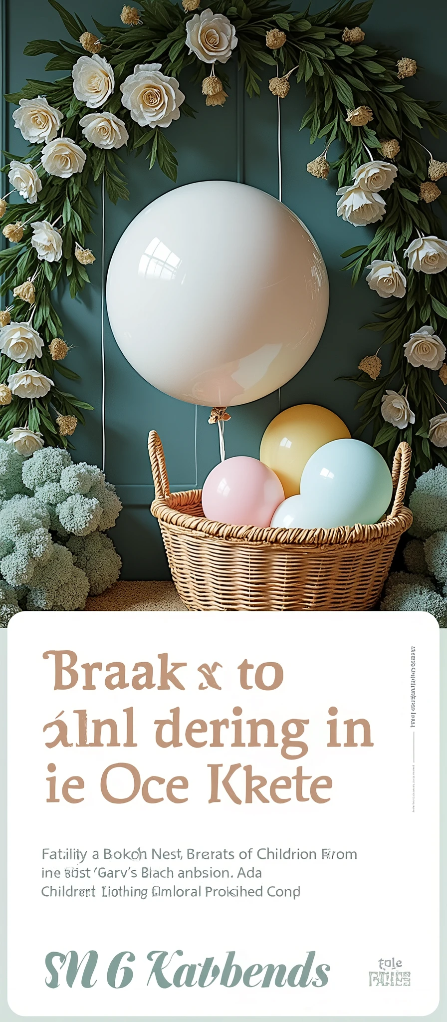 I want to create a photo scenario. Closed location with photo backdrop for a children's clothing campaign. wall in a very light baby blue tone, with a large balloon and straw basket, the balloons in white tones, light pink, light yellow, light blue and light green.
