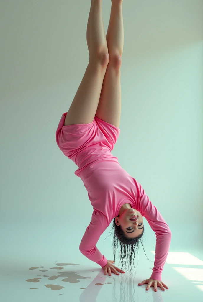 generates an image of an AI that is upside down, wearing a short skirt above the waist, it is tilted at a 90° angle, is wearing pink clothes underneath, her clothes were wet, and the shirt was heavy because she has big breasts, she was trying to pick up a rock and was facing the other way.