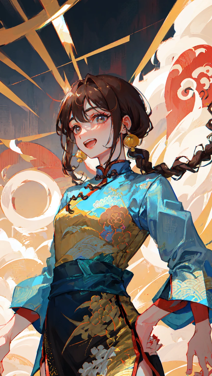 Realistic, masterpiece, Highest quality, Highest Resolution, Anatomically correct, Accurate Anatomy, 7 heads, Height: 165cm, One Japanese woman, profile, Staring at the audience, Smiling with an open mouth, Staring at the audience, Fine and beautiful eyes, Sparkling eyes, Thin eyebrows, Gives lashes a delicate finish, False eyelashes, (Chinese traditional makeup:1.2), (Dumpling+Braided hair, Blunt bangs, Brown Hair:1.2), Detailed face, Sharp Eyes, (Traditional Chinese Dress, Clothes that fit snugly to the body, Random Color:1.3), Upper body photo, Background like ink painting