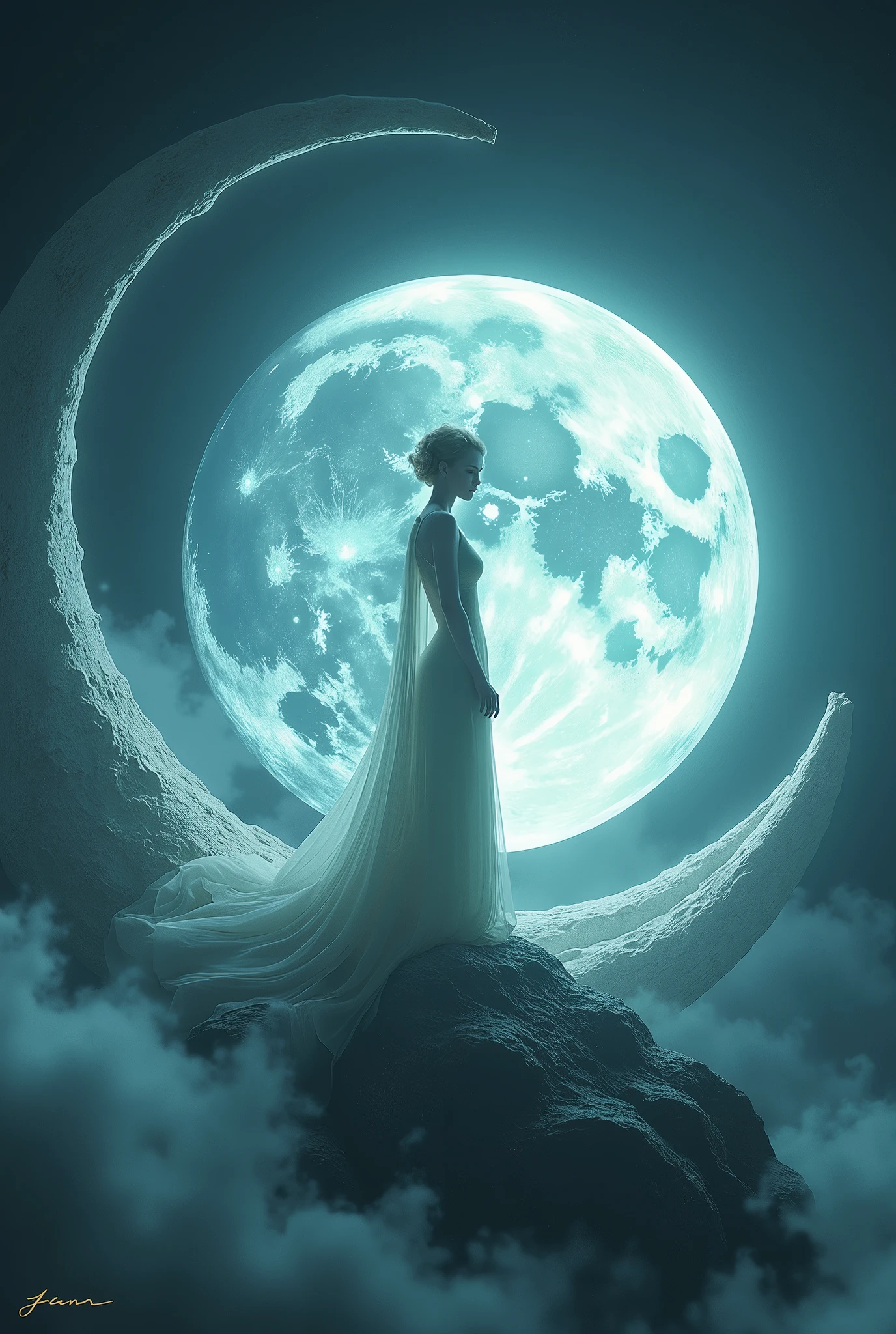 beautiful moon queen navigating to a glowing translucent crystal ball moon, all integrated into a kind of whole entity, sitting on a crescent moon, 8k resolution Astronaut, ALIEN PLANET, ultra beautiful blonde short haired tall Nordic Woman, within round escape pod like Portal to another WORLD, traveling through space and time while still, Science Fiction,