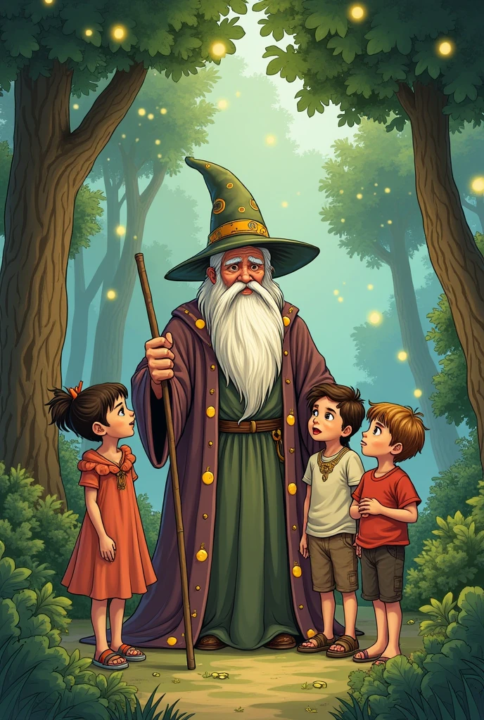 comic: An old man with a long beard in nature with 4 children standing