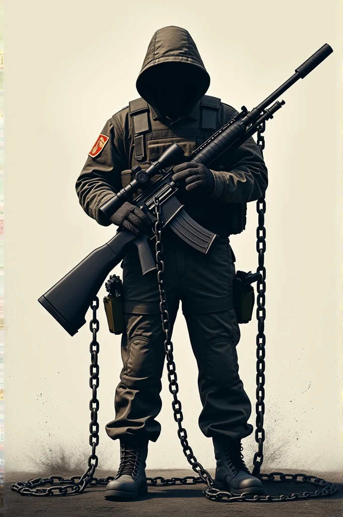 An anonymous soldier chained to a sniper rifle, write slayvefps in the middle, use 3 colours only, make the size 1:1
