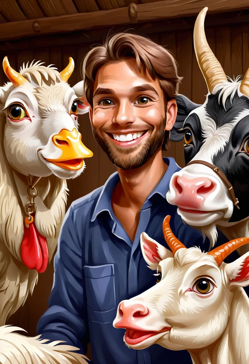 He is smiling and friendly in his fram with animals pic, chicken,cow, goat and another 