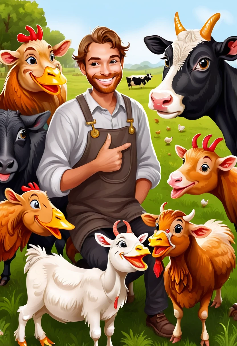 He is smiling and friendly in his fram with animals pic, chicken,cow, goat and another 