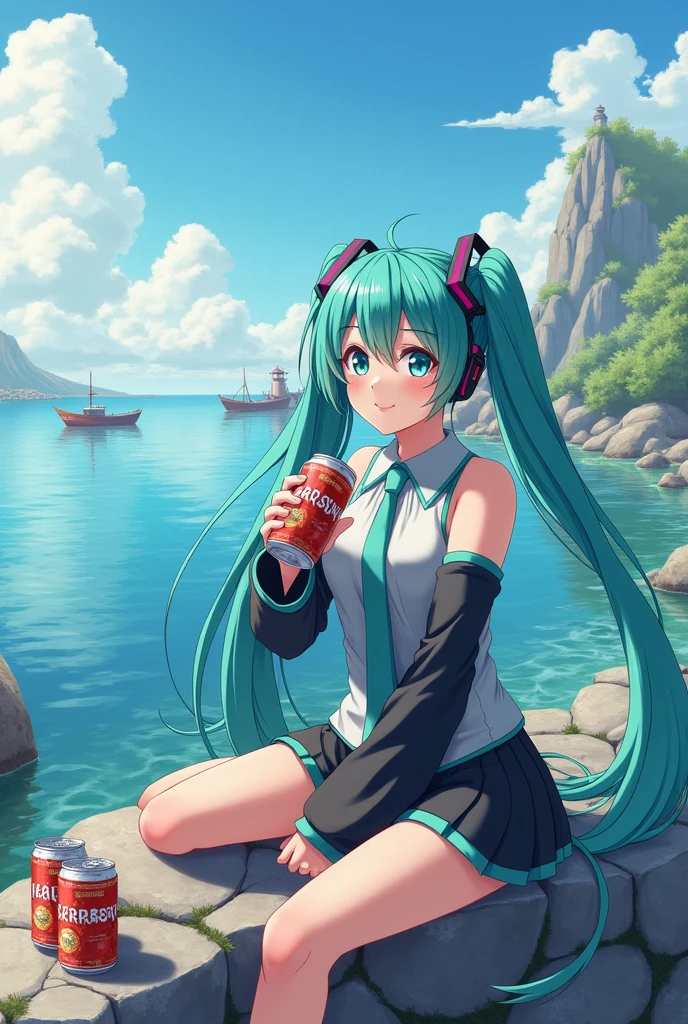 Hatsune miku lobster fishing and drinking canned beer