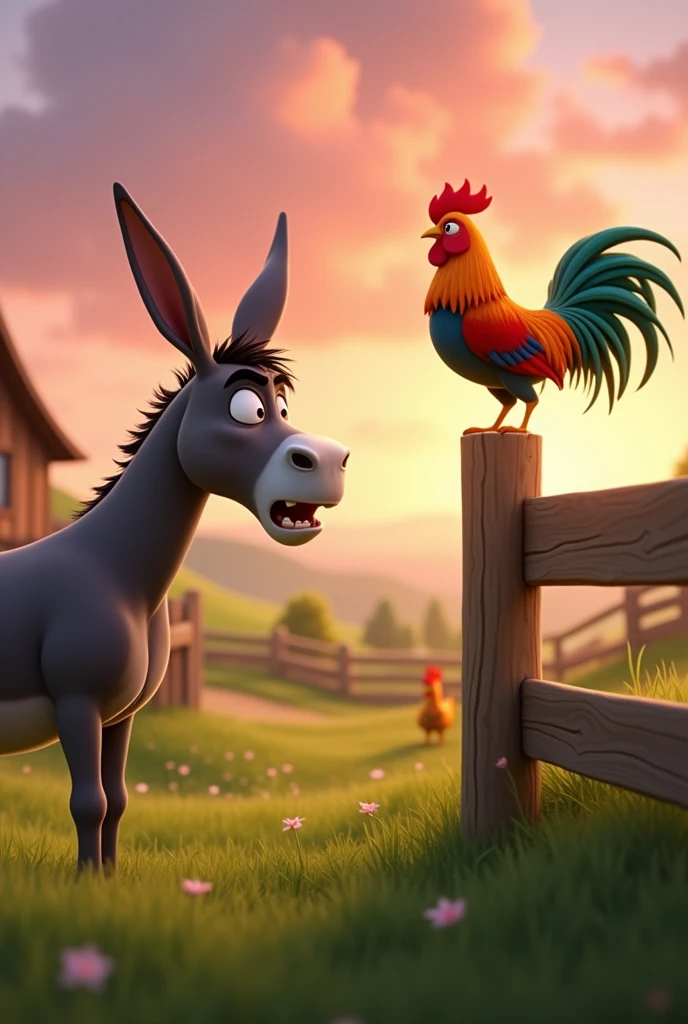 Draw a scene of an angry donkey arguing with a rooster with orange, green and blue plumage on a very pretty farm at dawn. The donkey should have an angry facial expression. The rooster should be very calm, standing on a wooden fence, with its colorful feathers standing out in the design. The farm should be picturesque and detailed, with green fields and a sunrise sky with soft shades of orange and pink, in Pixar style