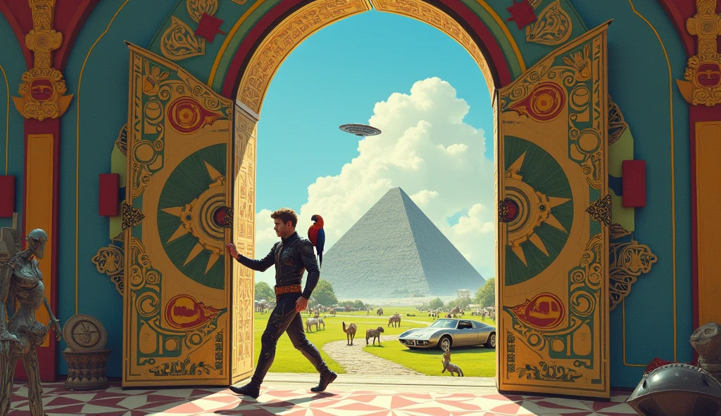 Un homme avec des vêtements futuristes pousse des deux mains des portes futuristes  avec des figures géométriques de couleurs différentes sur la porte et devant lui une pyramide avec de l'herbe et des animaux ,le tout ressemblent à la peinture que j'ai publié et un robot et à côté devant une des portes et le personnage caucasien avec un Péroqué sur l'épaule et un aspect baroque est légèrement ajouté une soucoupe volante est ajouté et un extra terrestre petit gris,le personnage se tient droits les jambes légèrement écartées en poussant les portes il y a des mécanismes et horlogerie sur les portes et une voiture ancienne améliorée venus du futur 
