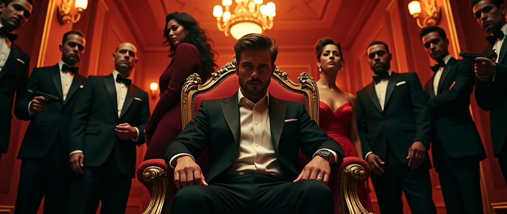 A striking poster showcasing a powerful, young, and handsome Mafia Boss exuding confidence as he sits on an opulent boss chair. His posture reflects dominance and control. Behind him stands a beautiful woman, adding an air of elegance and mystery. Beside her, a second version of the Mafia Boss is portrayed in simple attire, embodying a stark contrast. The background features a lavish bungalow, teeming with men clad in black suits and holding guns, creating an atmosphere of intimidation and power. The entire scene captures the essence of high-stakes drama and suspense.