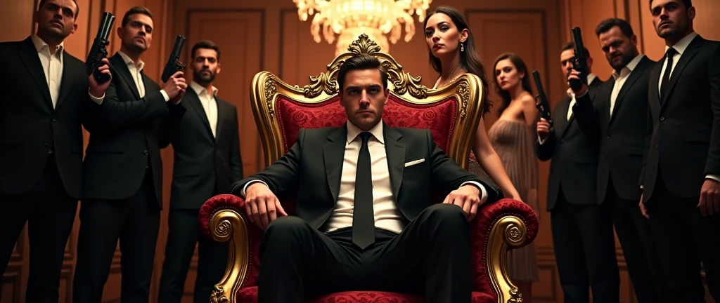 A striking poster showcasing a powerful, young, and handsome Mafia Boss exuding confidence as he sits on an opulent boss chair. His posture reflects dominance and control. Behind him stands a beautiful woman, adding an air of elegance and mystery. Beside her, a second version of the Mafia Boss is portrayed in simple attire, embodying a stark contrast. The background features a lavish bungalow, teeming with men clad in black suits and holding guns, creating an atmosphere of intimidation and power. The entire scene captures the essence of high-stakes drama and suspense.

